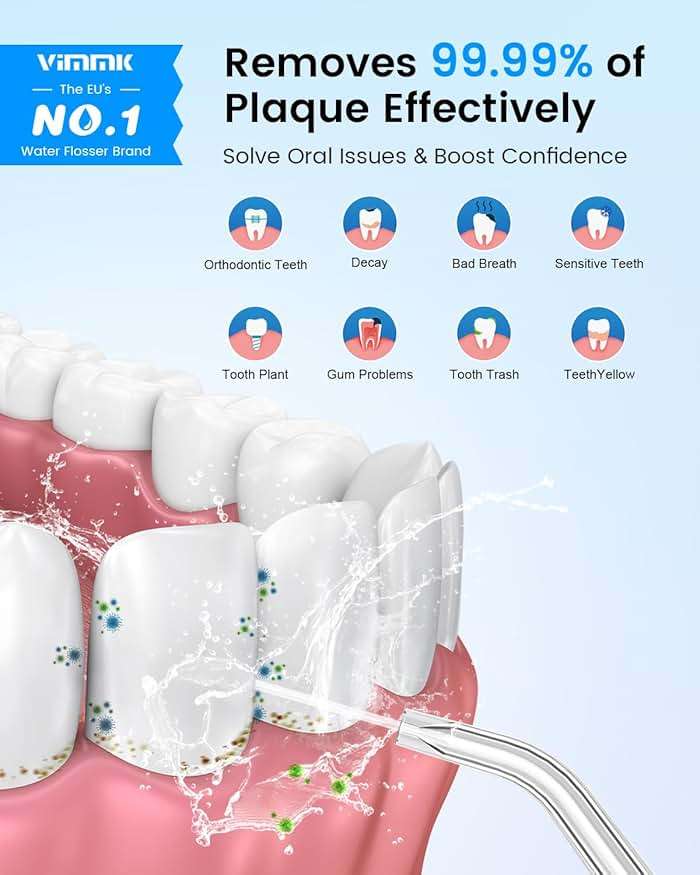 VIMMK Water Flosser, Cordless Water Dental Flosser, 9 Jet Tips 5 Modes 300ML IPX7 Waterproof, Portable Rechargeable Oral Irrigator for Home Travel - Gums, Orthodontic, Braces Care (Black) - Image 2