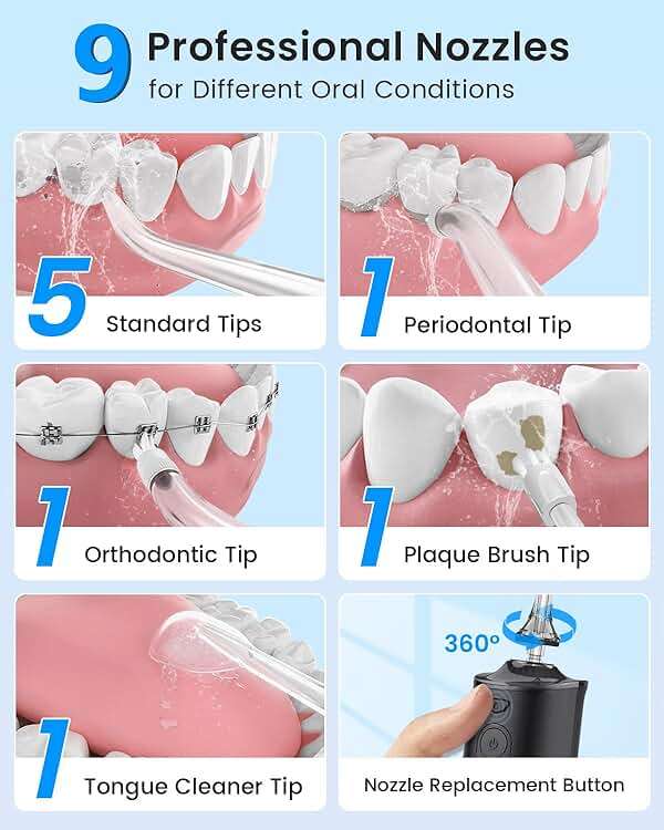 VIMMK Water Flosser, Cordless Water Dental Flosser, 9 Jet Tips 5 Modes 300ML IPX7 Waterproof, Portable Rechargeable Oral Irrigator for Home Travel - Gums, Orthodontic, Braces Care (Black) - Image 3