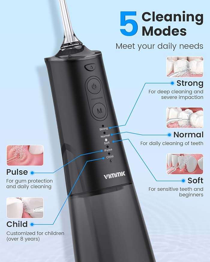 VIMMK Water Flosser, Cordless Water Dental Flosser, 9 Jet Tips 5 Modes 300ML IPX7 Waterproof, Portable Rechargeable Oral Irrigator for Home Travel - Gums, Orthodontic, Braces Care (Black) - Image 4