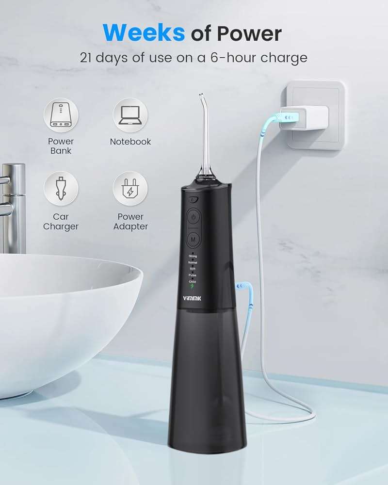 VIMMK Water Flosser, Cordless Water Dental Flosser, 9 Jet Tips 5 Modes 300ML IPX7 Waterproof, Portable Rechargeable Oral Irrigator for Home Travel - Gums, Orthodontic, Braces Care (Black) - Image 8