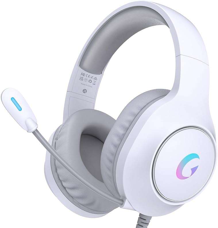 syndesmos CM7002 Gaming Headset for PC, PS5, Xbox Series X|S, Switch, Over-Ear Headphones with 7.1 Surround Sound, 50MM Drivers & Noise Canceling Mic, RGB Comfort Headset for Gaming, Light White - Image 1