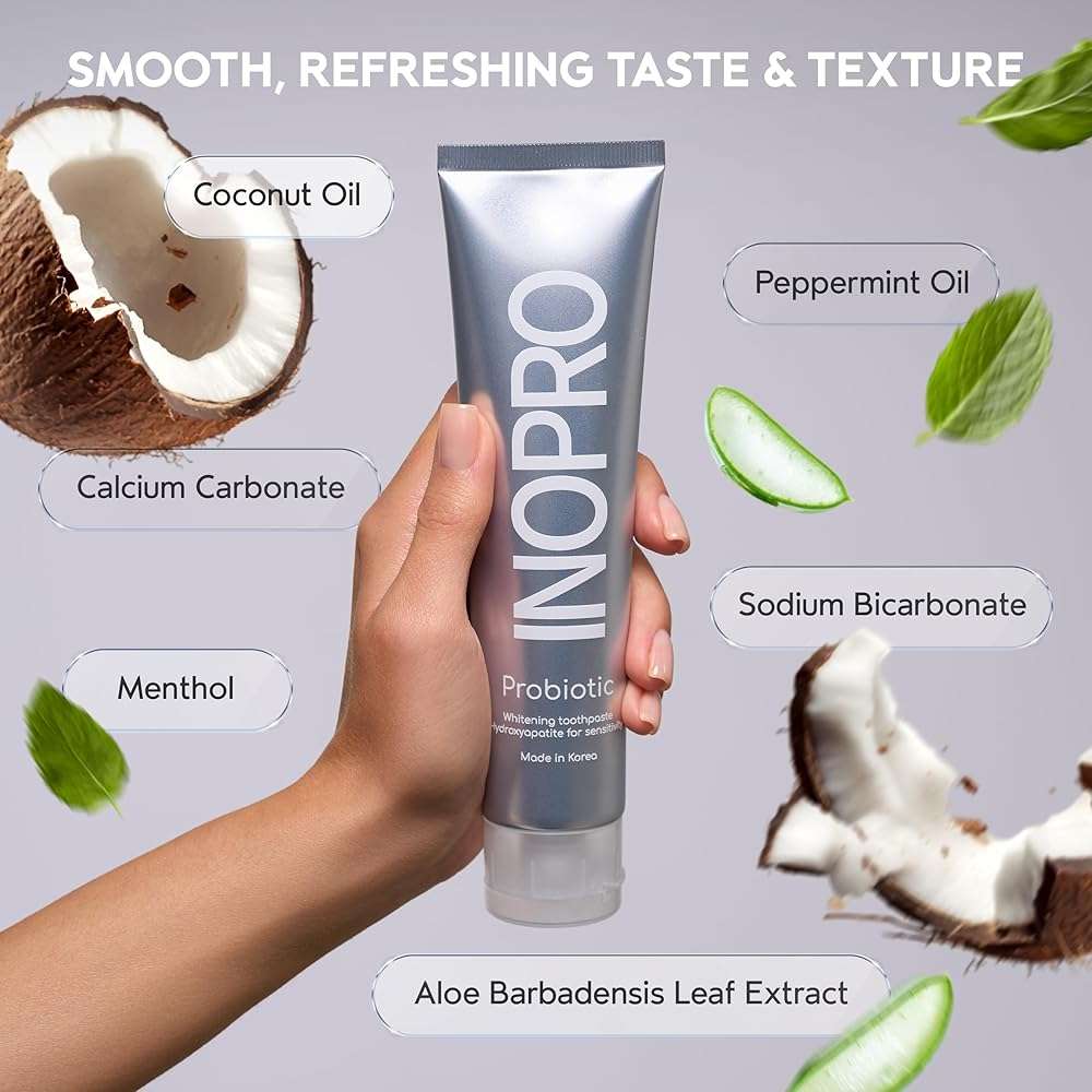 InoPro Whitening Hydroxyapatite Toothpaste with Probiotic for Sensitive Teeth, Fluoride Free Enamel Repair Remineralizing Toothpaste, SLS Free, Baking Soda, Coconut Oil, 5oz - Image 3