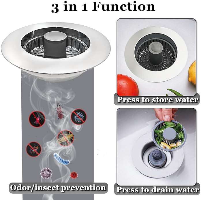 BAOLSLS 3 in 1 Kitchen Sink Stopper, Pop Up Kitchen Sink Drain Strainer, with an Extra Basket Strainer, Kitchen Sink Drain Stopper for US Standard 3-1/2 Inch, Brass Material Electroplate Silver - Image 2
