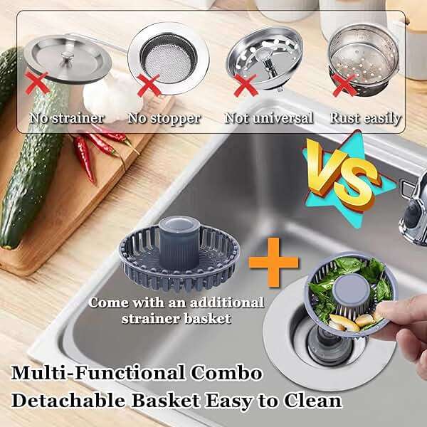 BAOLSLS 3 in 1 Kitchen Sink Stopper, Pop Up Kitchen Sink Drain Strainer, with an Extra Basket Strainer, Kitchen Sink Drain Stopper for US Standard 3-1/2 Inch, Brass Material Electroplate Silver - Image 3