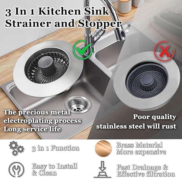BAOLSLS 3 in 1 Kitchen Sink Stopper, Pop Up Kitchen Sink Drain Strainer, with an Extra Basket Strainer, Kitchen Sink Drain Stopper for US Standard 3-1/2 Inch, Brass Material Electroplate Silver - Image 4