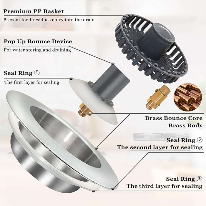 BAOLSLS 3 in 1 Kitchen Sink Stopper, Pop Up Kitchen Sink Drain Strainer, with an Extra Basket Strainer, Kitchen Sink Drain Stopper for US Standard 3-1/2 Inch, Brass Material Electroplate Silver - Image 6