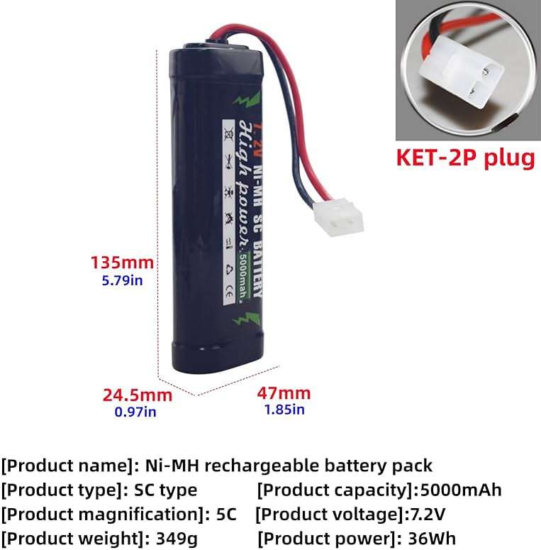 sea jump 7.2V 5000mAh NiMH Battery with KET-2P Plug and USB Charger Suitable for RC Truggy Buggy Tank Racing Remote Control Car Truck High-Power with Tamiya Connector Battery - Image 2