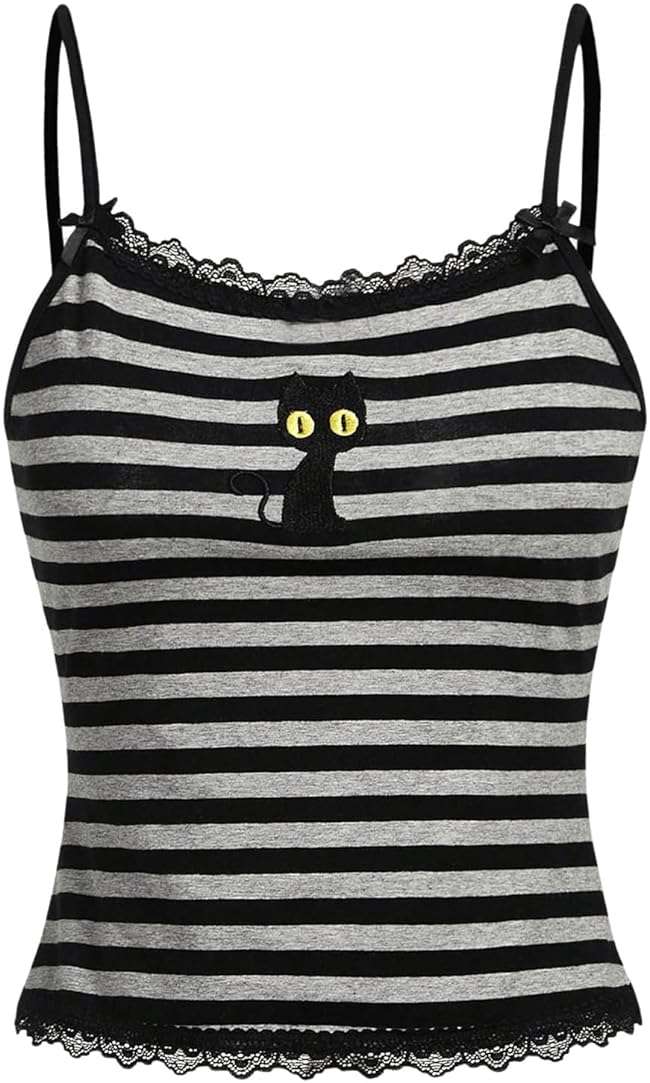 SOLY HUX Women's Y2k Lace Striped Cami Crop Tops Spaghetti Strap Cat Embroidery Camisole - Image 1