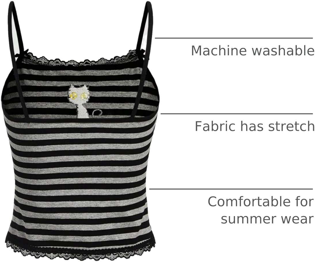 SOLY HUX Women's Y2k Lace Striped Cami Crop Tops Spaghetti Strap Cat Embroidery Camisole - Image 4