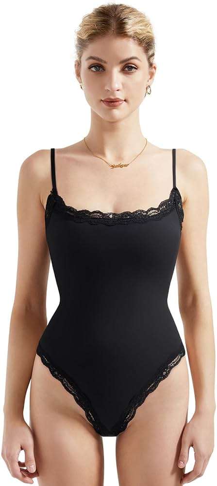 SUUKSESS Women Square Neck Lace Bodysuit Sleeveless Spaghetti Strap Tank Top - Image 1