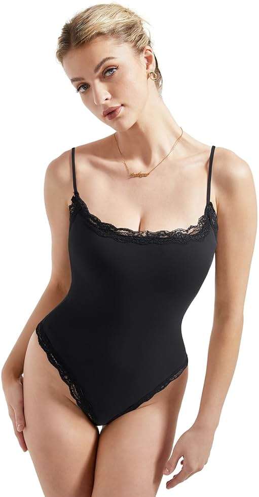 SUUKSESS Women Square Neck Lace Bodysuit Sleeveless Spaghetti Strap Tank Top - Image 3