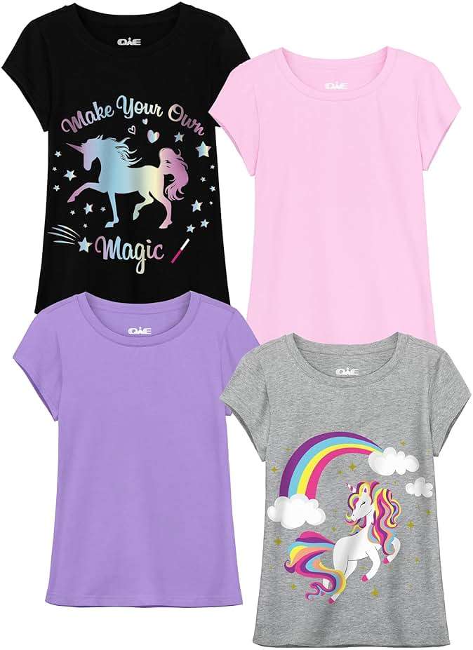 QWE 4 Pieces Girls Shirts Short Sleeve Cotton T-Shirts Graphic Tees Summer Tops Clothes for Girls 5-12 Years - Image 1