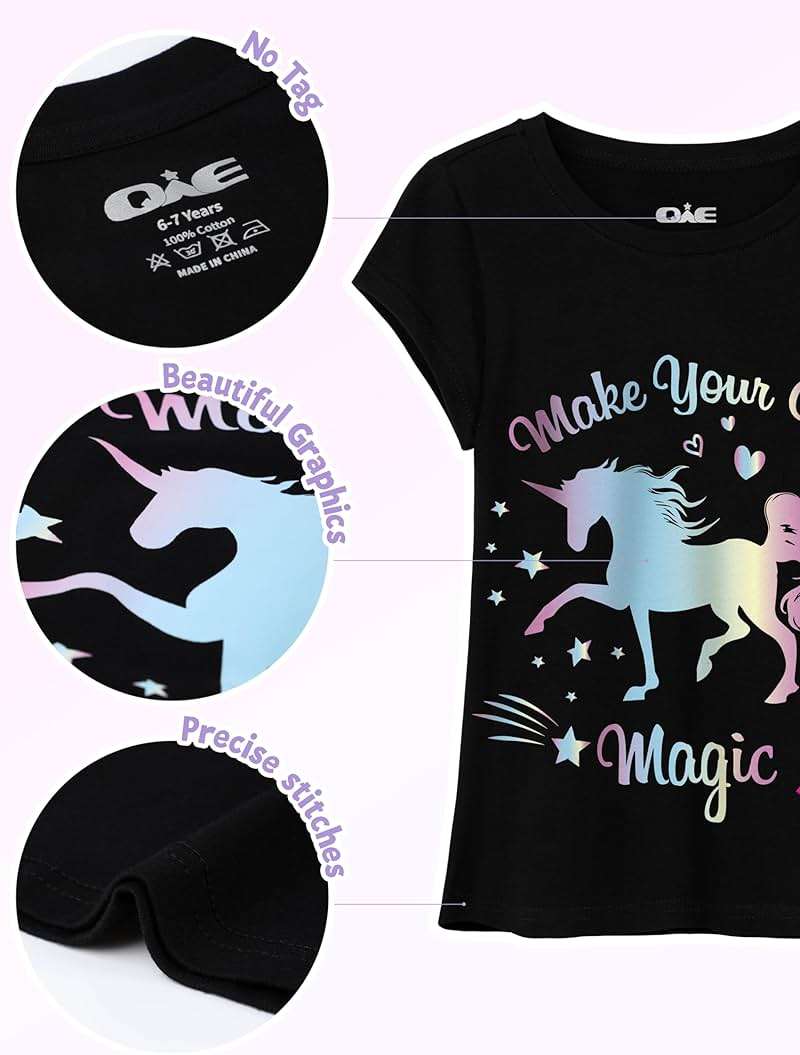 QWE 4 Pieces Girls Shirts Short Sleeve Cotton T-Shirts Graphic Tees Summer Tops Clothes for Girls 5-12 Years - Image 3