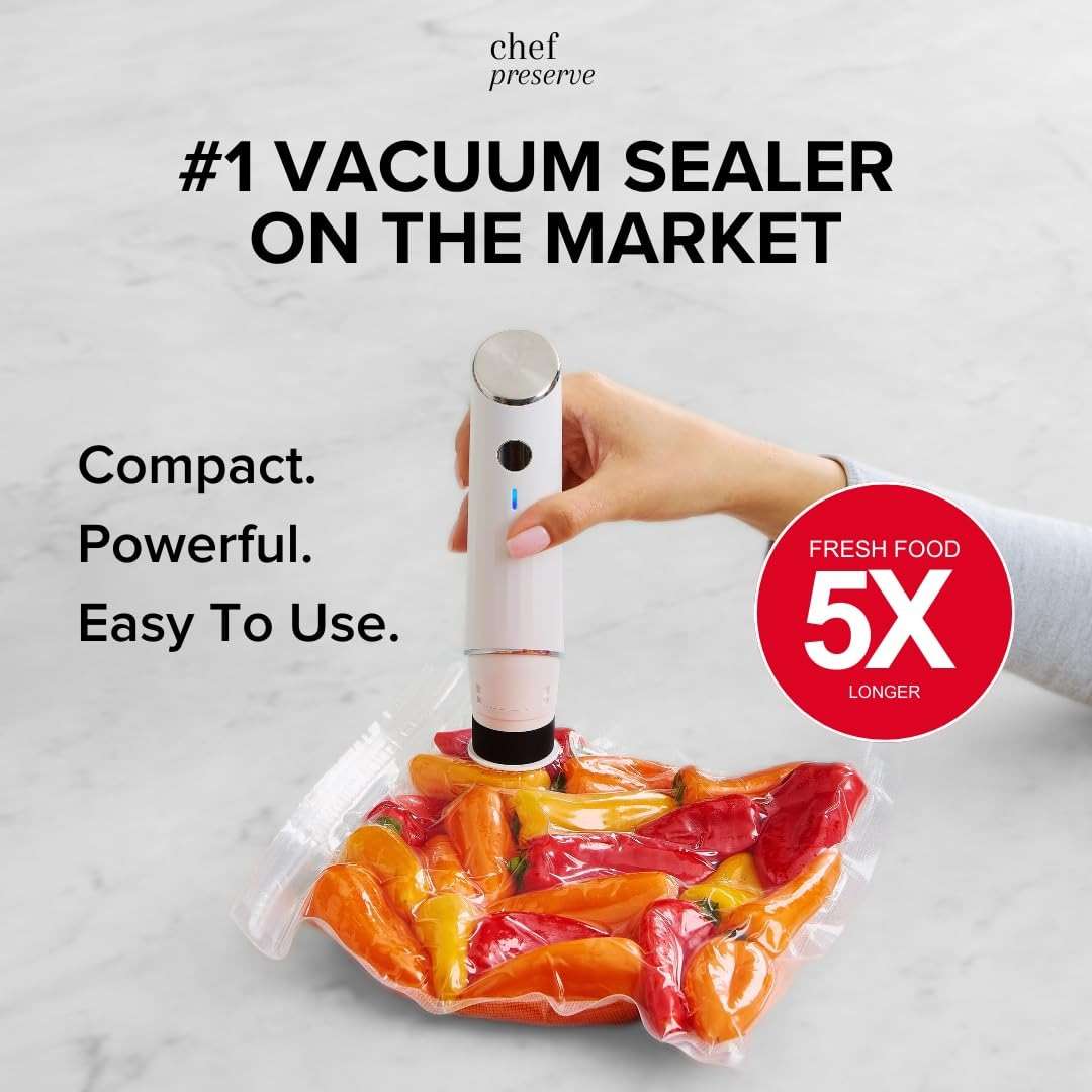 Chef Preserve Compact Vacuum Sealer for Food (Vacuum Sealer Machine + 30 Reusable Vacuum Bags) Powerful Handheld Vacuum Sealer Machine, Seal Meal Saver, Portable Food Sealer - Image 2