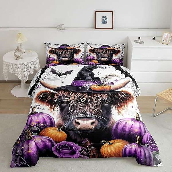 Farmhouse Highland Cattle Bedding Comforter Sets King,Vintage Halloween Theme Purple Pumpink Bedding Set for Bedroom,Gothic Style Wild Bats Spider Web with 1 Comforter and 2 Pillow Cases - Image 1