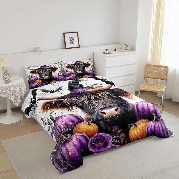 Farmhouse Highland Cattle Bedding Comforter Sets King,Vintage Halloween Theme Purple Pumpink Bedding Set for Bedroom,Gothic Style Wild Bats Spider Web with 1 Comforter and 2 Pillow Cases - Image 2