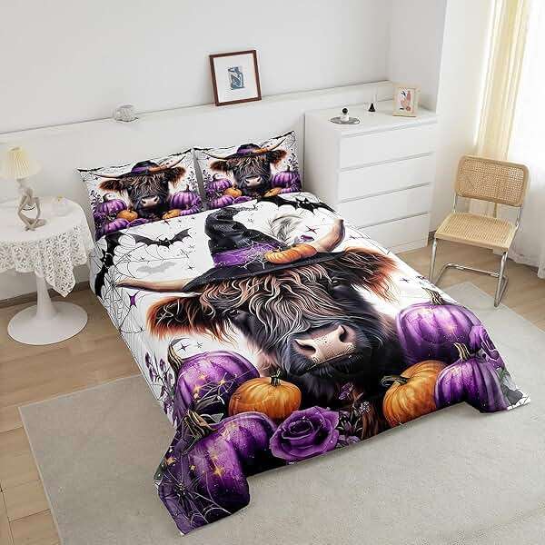 Farmhouse Highland Cattle Bedding Comforter Sets King,Vintage Halloween Theme Purple Pumpink Bedding Set for Bedroom,Gothic Style Wild Bats Spider Web with 1 Comforter and 2 Pillow Cases - Image 3