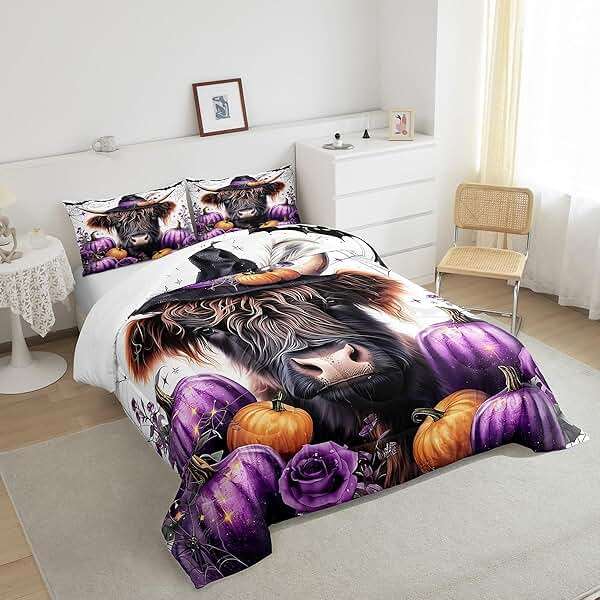 Farmhouse Highland Cattle Bedding Comforter Sets King,Vintage Halloween Theme Purple Pumpink Bedding Set for Bedroom,Gothic Style Wild Bats Spider Web with 1 Comforter and 2 Pillow Cases - Image 4