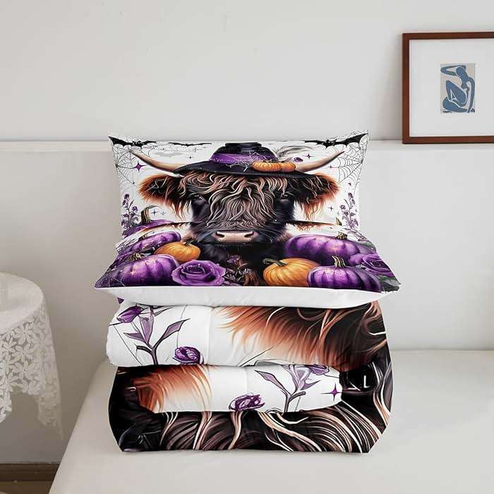 Farmhouse Highland Cattle Bedding Comforter Sets King,Vintage Halloween Theme Purple Pumpink Bedding Set for Bedroom,Gothic Style Wild Bats Spider Web with 1 Comforter and 2 Pillow Cases - Image 5