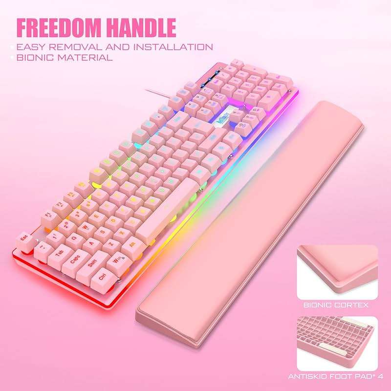 RedThunder K10 Wired Gaming Keyboard and Mouse and Wrist Rest Combo, RGB Backlit, Mechanical Feel Anti-ghosting Keyboard + 7D 7200 DPI Mice+Soft Leather Wrist Rest 3 in 1 PC Gamer Accessories(Pink) - Image 4