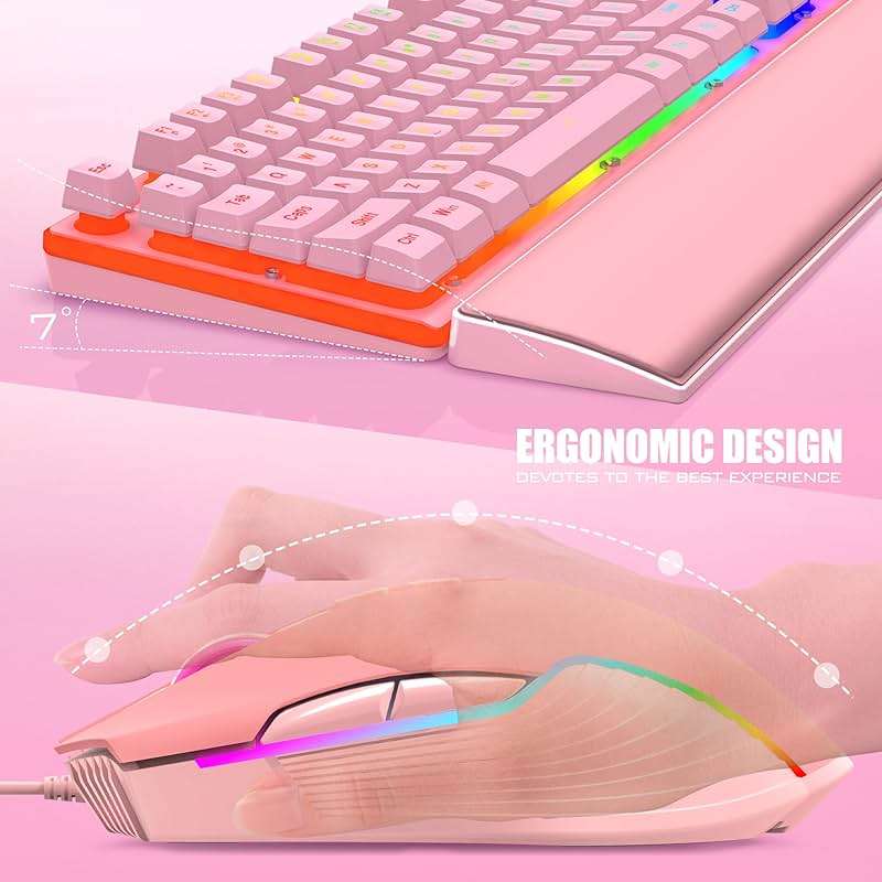 RedThunder K10 Wired Gaming Keyboard and Mouse and Wrist Rest Combo, RGB Backlit, Mechanical Feel Anti-ghosting Keyboard + 7D 7200 DPI Mice+Soft Leather Wrist Rest 3 in 1 PC Gamer Accessories(Pink) - Image 5