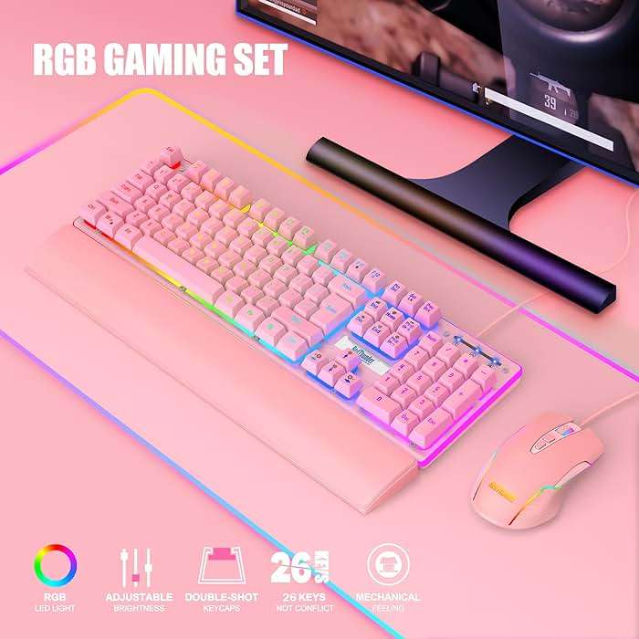 RedThunder K10 Wired Gaming Keyboard and Mouse and Wrist Rest Combo, RGB Backlit, Mechanical Feel Anti-ghosting Keyboard + 7D 7200 DPI Mice+Soft Leather Wrist Rest 3 in 1 PC Gamer Accessories(Pink) - Image 8
