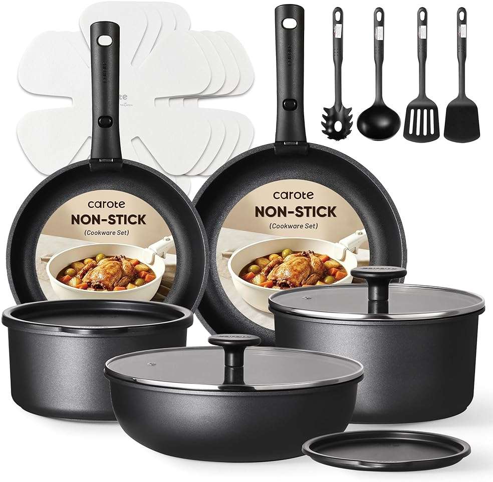 CAROTE 19Pcs Pots and Pans Set Non Stick, Cookware Set Detachable Handle, Nonstick Induction Kitchen Sets Non Stick with Removable Handle, RV Cook Ware, Oven Safe, Black - Image 1