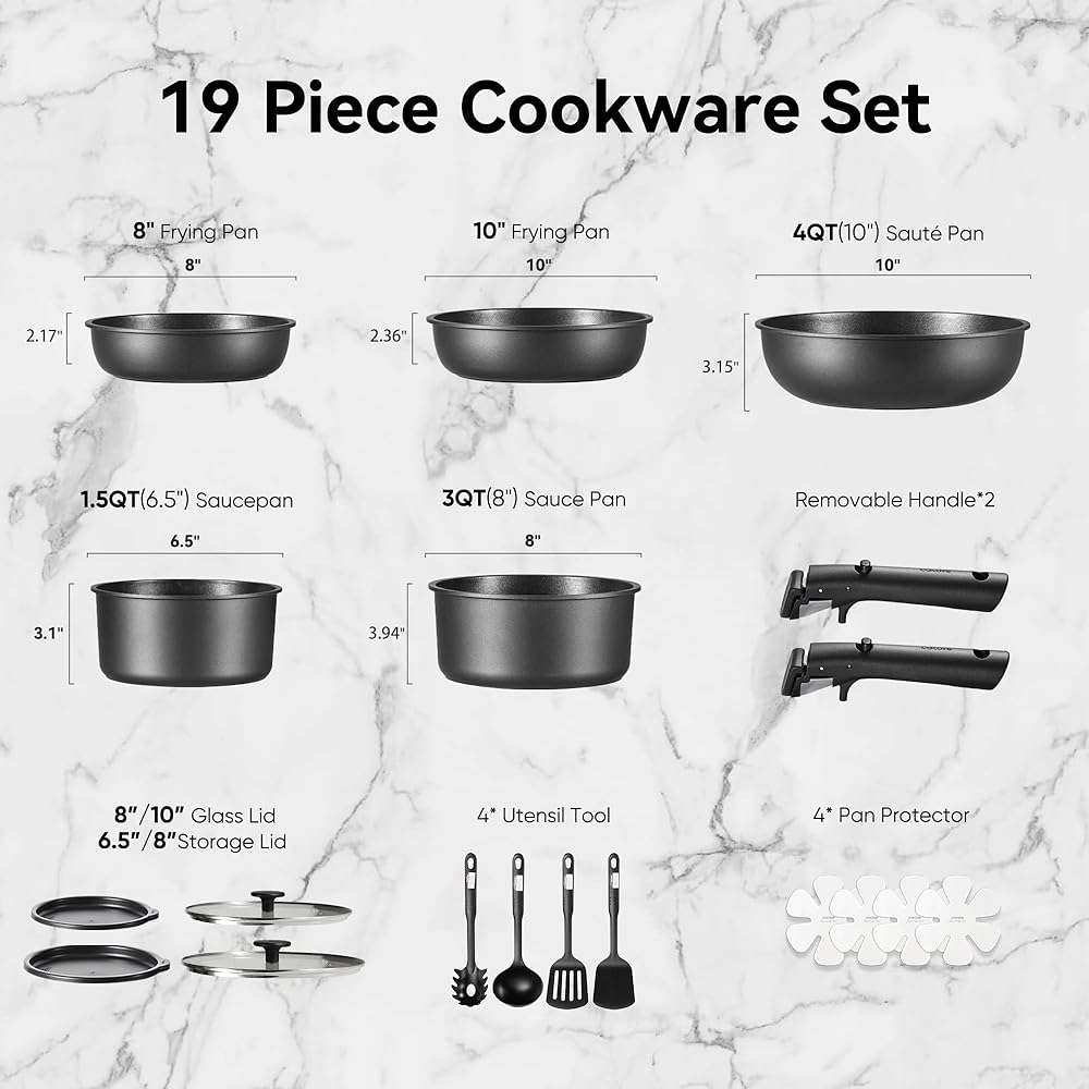 CAROTE 19Pcs Pots and Pans Set Non Stick, Cookware Set Detachable Handle, Nonstick Induction Kitchen Sets Non Stick with Removable Handle, RV Cook Ware, Oven Safe, Black - Image 2
