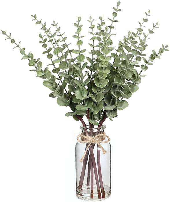 VIERENA 17.5" Artificial Eucalyptus Stems in Glass Vase with Faux Water,Fake Plant Eucalyptus Leaves White Seeds for Centerpiece Table Decorations Farmhouse Wedding Home Greenery Decor (Sage Green) - Image 1