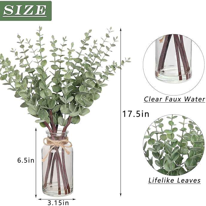 VIERENA 17.5" Artificial Eucalyptus Stems in Glass Vase with Faux Water,Fake Plant Eucalyptus Leaves White Seeds for Centerpiece Table Decorations Farmhouse Wedding Home Greenery Decor (Sage Green) - Image 3