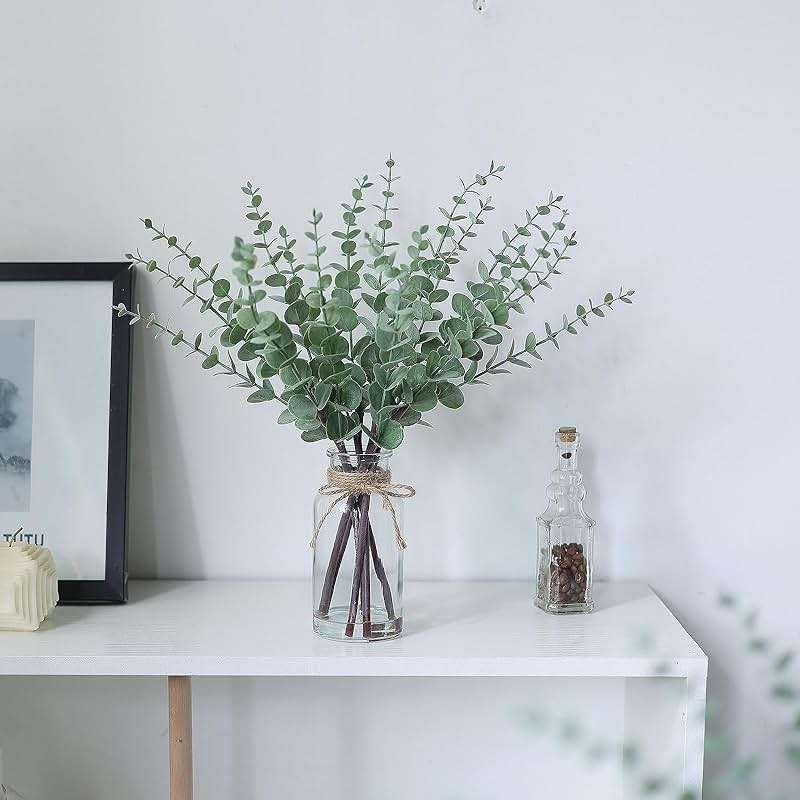 VIERENA 17.5" Artificial Eucalyptus Stems in Glass Vase with Faux Water,Fake Plant Eucalyptus Leaves White Seeds for Centerpiece Table Decorations Farmhouse Wedding Home Greenery Decor (Sage Green) - Image 4