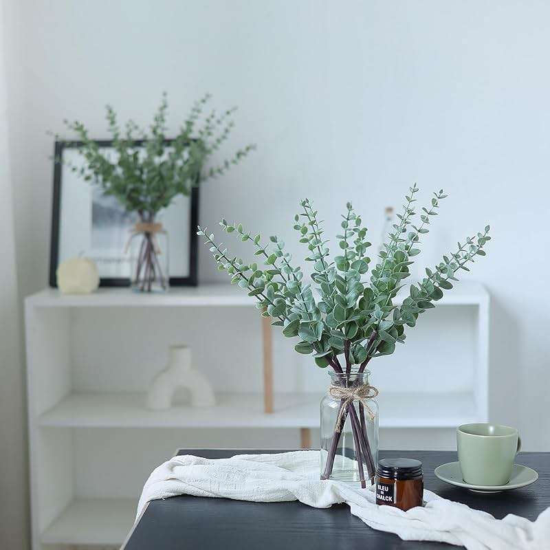 VIERENA 17.5" Artificial Eucalyptus Stems in Glass Vase with Faux Water,Fake Plant Eucalyptus Leaves White Seeds for Centerpiece Table Decorations Farmhouse Wedding Home Greenery Decor (Sage Green) - Image 5