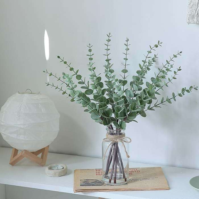 VIERENA 17.5" Artificial Eucalyptus Stems in Glass Vase with Faux Water,Fake Plant Eucalyptus Leaves White Seeds for Centerpiece Table Decorations Farmhouse Wedding Home Greenery Decor (Sage Green) - Image 7