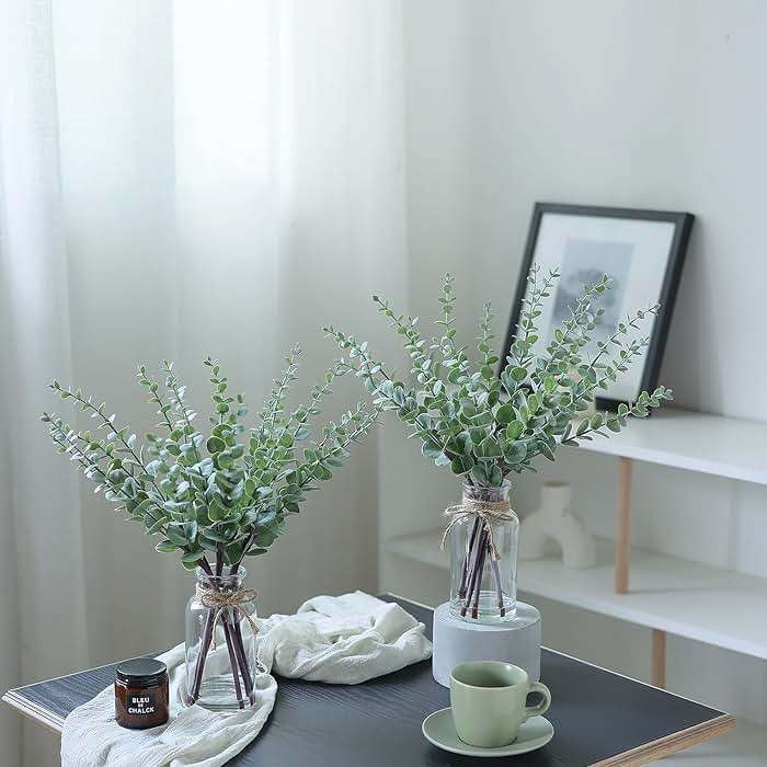 VIERENA 17.5" Artificial Eucalyptus Stems in Glass Vase with Faux Water,Fake Plant Eucalyptus Leaves White Seeds for Centerpiece Table Decorations Farmhouse Wedding Home Greenery Decor (Sage Green) - Image 9