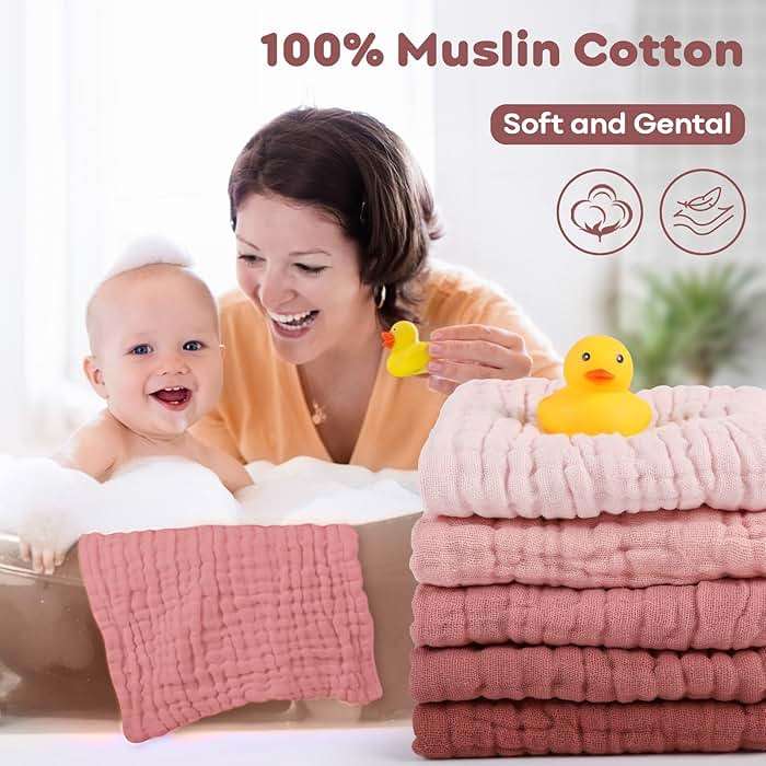 Yoofoss Muslin Baby Washcloths 100% Organic Cotton Face Towels 6 Pack Wash Cloths for Baby 12x12in Soft and Absorbent Baby Wipes (Gradient Pink) - Image 3