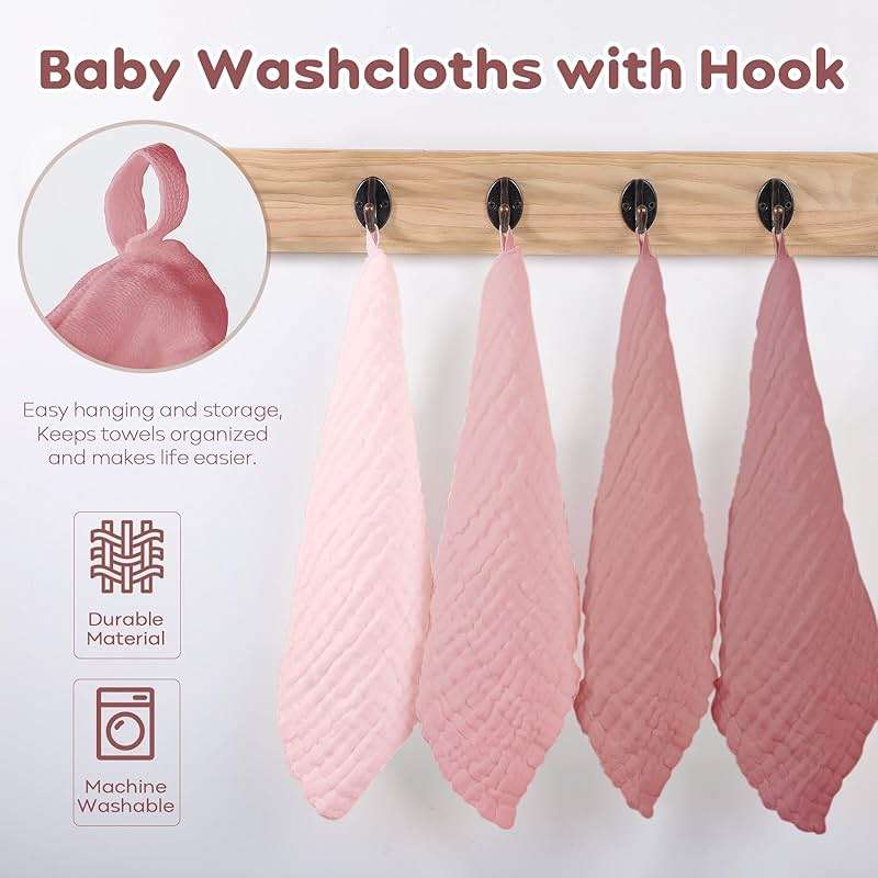 Yoofoss Muslin Baby Washcloths 100% Organic Cotton Face Towels 6 Pack Wash Cloths for Baby 12x12in Soft and Absorbent Baby Wipes (Gradient Pink) - Image 5