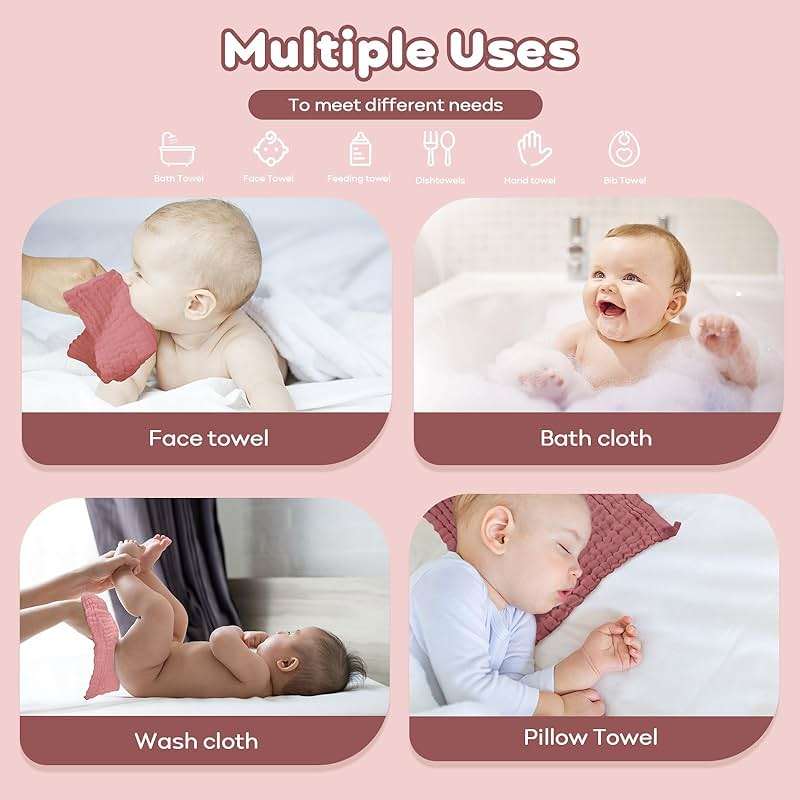 Yoofoss Muslin Baby Washcloths 100% Organic Cotton Face Towels 6 Pack Wash Cloths for Baby 12x12in Soft and Absorbent Baby Wipes (Gradient Pink) - Image 6
