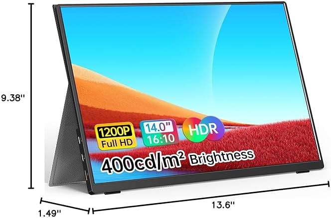 WGK 14 inch Portable Monitor 1200P FHD+ 100% sRGB Travel Display HDMI/USB-C Compatible with Laptops, Desktops, Phones, PS, Mac, Xbox, Switch, and Other Gaming Devices Includes Stand and Speakers VESA - Image 11