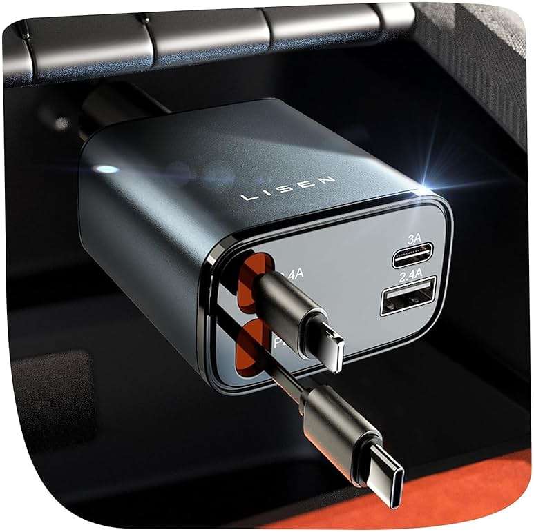 LISEN Retractable Car Charger, Gifts for Men Women, 84W Car Adapter USB C Fast Charger for iPhone, Travel Essentials Car Accessories for Men Women Gifts for iPhone 17 16 15 14 13 12 11 X Samsung S26 - Image 1
