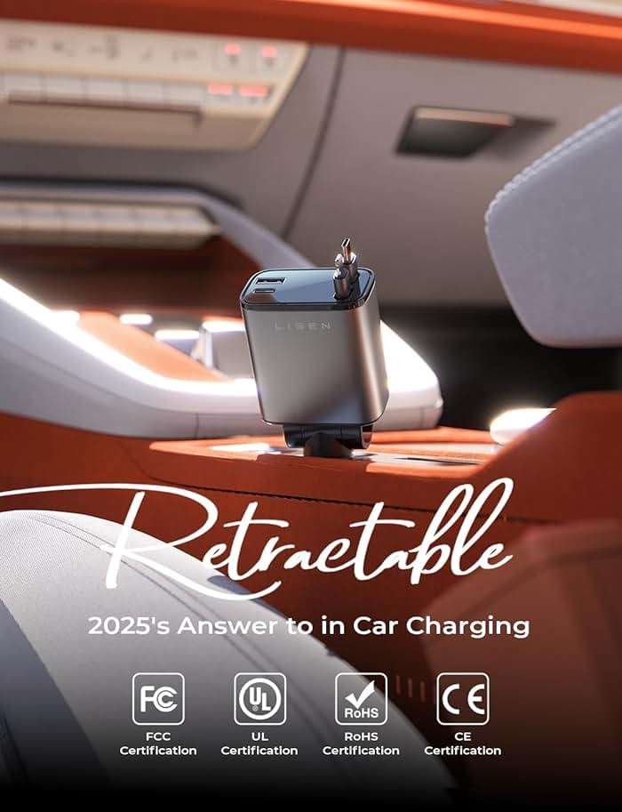 LISEN Retractable Car Charger, Gifts for Men Women, 84W Car Adapter USB C Fast Charger for iPhone, Travel Essentials Car Accessories for Men Women Gifts for iPhone 17 16 15 14 13 12 11 X Samsung S26 - Image 2