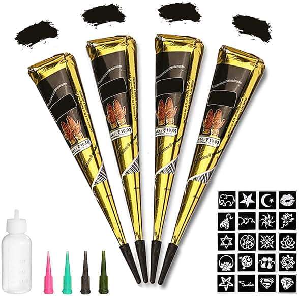 Black Tattoo Cones, Yomagine 4Pcs Black Temporary Tattoo Kit, 100% Natural Ready to Use Tattoo Paste, India Body DIY Art Painting for Women Men Teen with 20 Adhesive Stencils, 1 Bottle, 4Nozzles - Image 1