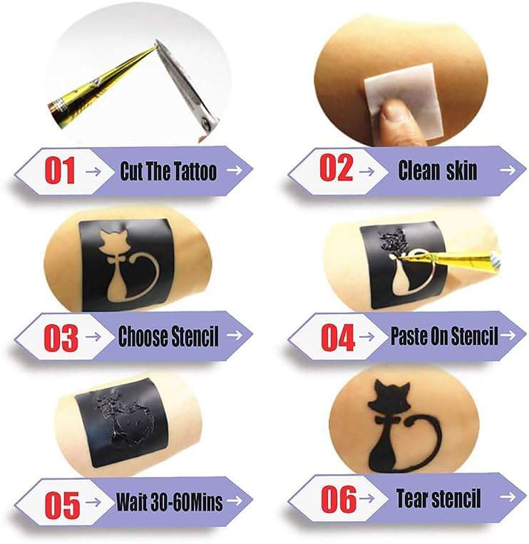 Black Tattoo Cones, Yomagine 4Pcs Black Temporary Tattoo Kit, 100% Natural Ready to Use Tattoo Paste, India Body DIY Art Painting for Women Men Teen with 20 Adhesive Stencils, 1 Bottle, 4Nozzles - Image 2