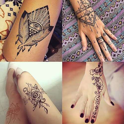 Black Tattoo Cones, Yomagine 4Pcs Black Temporary Tattoo Kit, 100% Natural Ready to Use Tattoo Paste, India Body DIY Art Painting for Women Men Teen with 20 Adhesive Stencils, 1 Bottle, 4Nozzles - Image 8