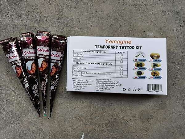Black Tattoo Cones, Yomagine 4Pcs Black Temporary Tattoo Kit, 100% Natural Ready to Use Tattoo Paste, India Body DIY Art Painting for Women Men Teen with 20 Adhesive Stencils, 1 Bottle, 4Nozzles - Image 9