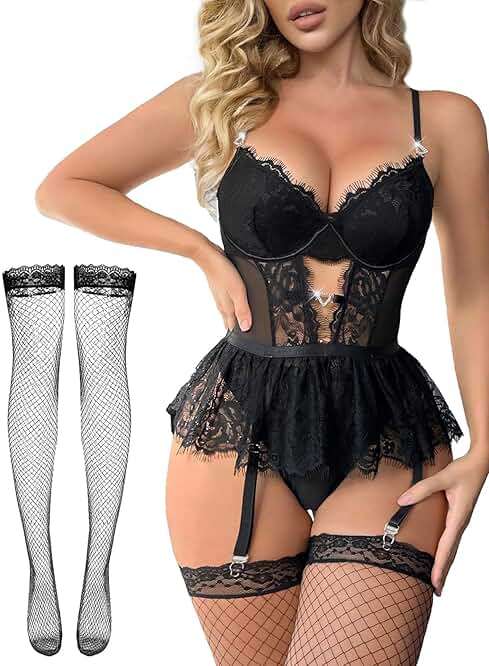 Alrovetoney Women Lingerie Set Naughty Lace Bodysuit High Waisted Underwire Lingerie Babydoll With Garter Belt and Stockings - Image 1