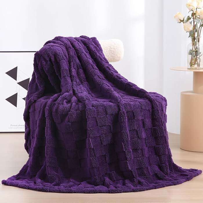 Linecooo Deep Purple Fleece Throw Blanket 50”×60” for Couch Sofa Bed,Super Soft Cozy Plush Microfiber Flannel Blanket with 3D Checkered Design Lightweight for Adults,Woman,Girls - Image 1