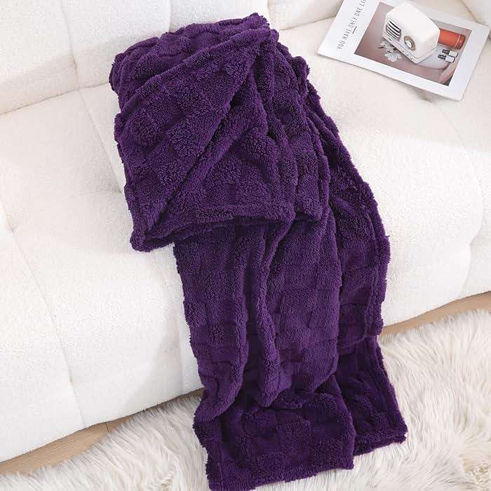 Linecooo Deep Purple Fleece Throw Blanket 50”×60” for Couch Sofa Bed,Super Soft Cozy Plush Microfiber Flannel Blanket with 3D Checkered Design Lightweight for Adults,Woman,Girls - Image 2
