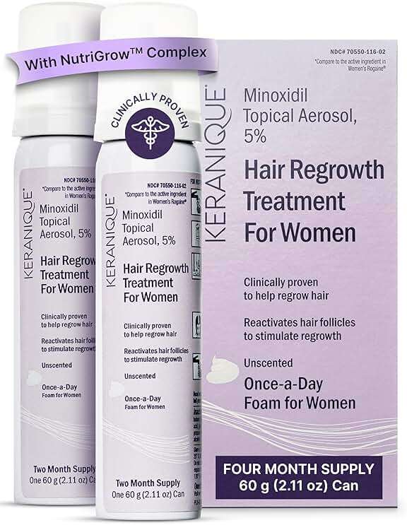 Keranique Women's 5% Topical Minoxidil Foam – Hair Regrowth Scalp Treatment with Powerful NutriGrow blend - Supports Thicker, Fuller, Healthier Hair & Scalp - 4 Month Supply - Image 1