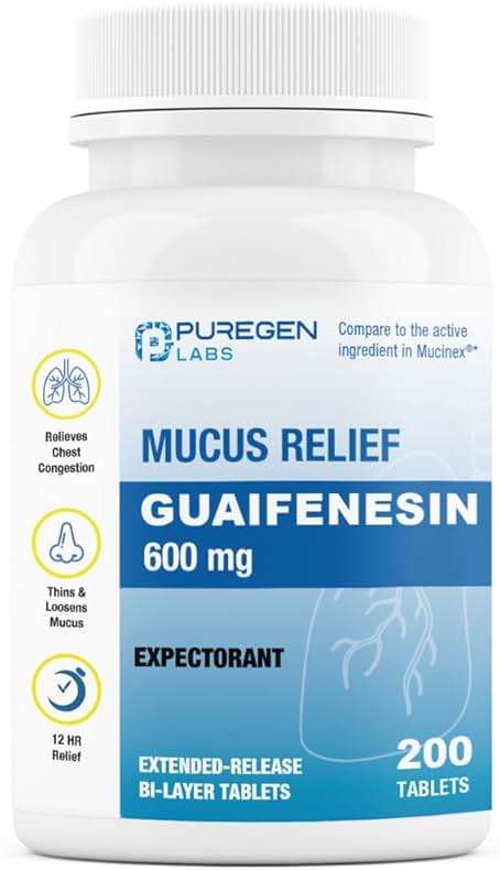 Puregen Labs Mucus Relief 12 Hour Extended Release Guaifenesin 600mg High Potency | Value Size 200 Count | Chest Congestion Expectorant 600 mg Tablets - Image 1