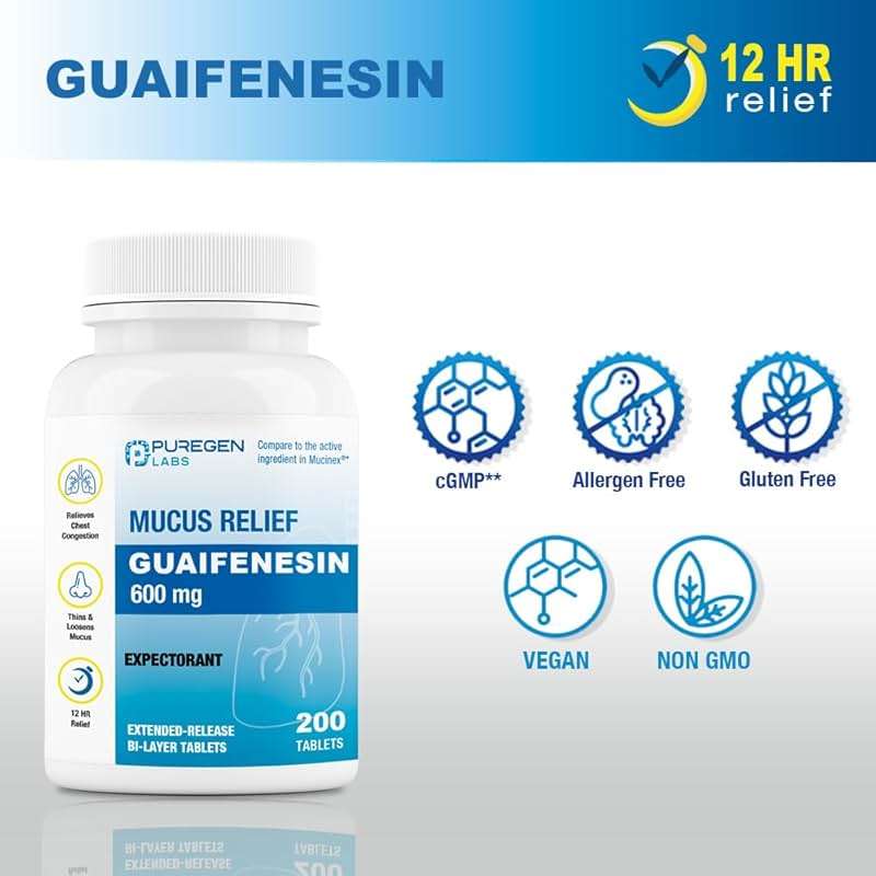 Puregen Labs Mucus Relief 12 Hour Extended Release Guaifenesin 600mg High Potency | Value Size 200 Count | Chest Congestion Expectorant 600 mg Tablets - Image 4